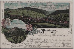 Nunningen, Gruss aus - Gesamtansicht, Schloss Gilgenberg - farbige Litho