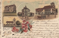 Berg, Gruss aus - farbige Litho - Schulhaus, Post, Gasthaus zum Adler, Kirche