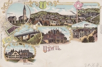 Uzwil, Gruss aus - farbige Litho - Kirche, Eisenbahnbrücke, Bad Buchenthal, Hotel, Schönthal