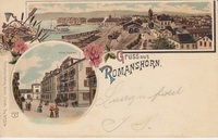 Romanshorn, Gruss aus - farbige Litho - Hotel Falken, Bahnhof