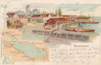 Romanshorn - farbige Litho - mit See, Bahnhof und Hafen