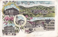 Bauma, Gruss aus  ZH - farbige Litho - Kirche, Gasthof z. Tanner, Schulhaus, Strassenansicht