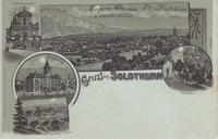 Solothurn, Gruss aus - Mondscheinlitho - Gesamtansicht, St. Ursusmünster, Post, Weissenstein, Einsiedelei