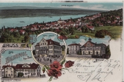 Beinwil am See, Gruss aus - farbige Litho - Hotel Löwen, Post, Bahnhof, Konsum Verein