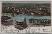 Boswil, Gruss aus - Totalansicht, Schulhaus, Kirche, Station & Restaurant - farbige Litho