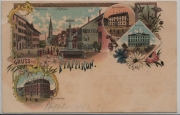 Pfäffikon, Gruss aus - Dorfstrasse, Gerichtshaus, Schulhaus, Hotel Bahnhof