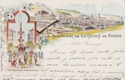La Chaux de Fonds, Souvenir de - farbige Litho - Ecole d' Horlogerie, La Fontaine Monumentale