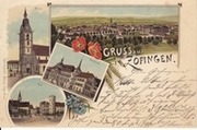 Zofingen, Gruss aus - Kirche, Post, Rathaus - farbige Litho
