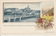 Basel, Gruss aus - Prägelitho - Alte Rheinbrücke mit St. Martins-Kirche - Edelweiss