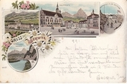 Schwyz - farbige Litho - Collegium Mariahilf, Hauptplatz, Gasthaus Gr. Mythen, Mineralbad Seewen