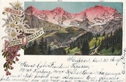 Berner Oberland, Gruss aus - farbige Litho - Alpenglühn